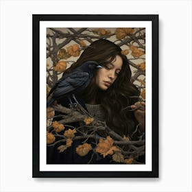 Dark And Moody Girl With Birds 2 Art Print