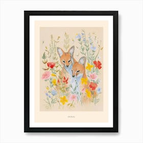Folksy Floral Animal Drawing Jackal Poster Art Print