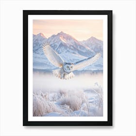 Snow Owl Yellow Eyes In Flight Above Morning Frost Kissed Snow Backdrop Of White Snowy Mountains Art Print