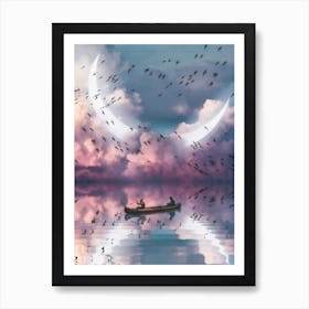 Reflection Birds Crescent Moon Canoe Art Print