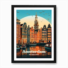 Amsterdam Netherlands Night time Cityscape Travel Illustration Art Print