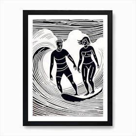 A Couple Surfing Linocut inspired Black And White Painting , surfing art, surf 214 Art Print