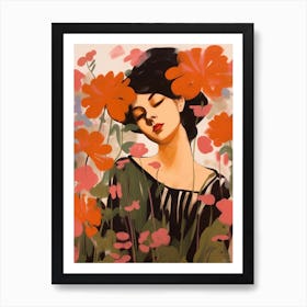 Woman With Autumnal Flowers Geranium Art Print