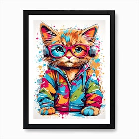 Funny Cat Listening To Music Art Print