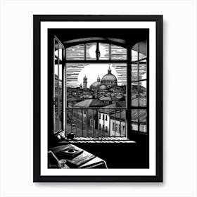 A Window View Of Berlin In The Style Of Black And White  Line Art 4 Art Print