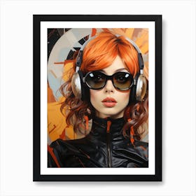 Dj in headphones. Beautiful young girl with headphones. Art Print