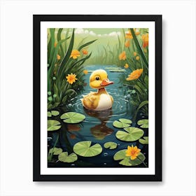 Cartoon Duckling Swimming With Water Lilies 4 Art Print