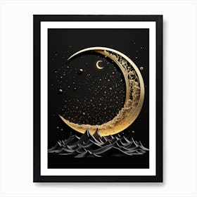 Golden Crescent Moon On Black Background Art Print