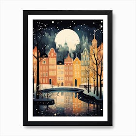 Winter Travel Night Illustration Copenhagen Denmark 2 Art Print