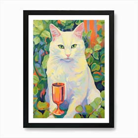 White Cat With A Glass Botanical Oil Painting Art Print