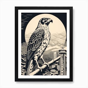 B&W Bird Linocut Red Tailed Hawk 1 Art Print