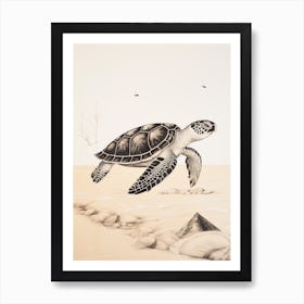 Detailed Sepia Sea Turtles On Beach  1 Art Print