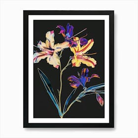 Neon Flowers On Black Larkspur 2 Art Print