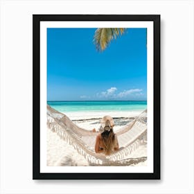 Content Woman Sprawls On A Pristine Tropical Beach Soft White Sands Adorned With Delicate Seashells Art Print