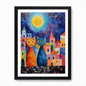 Cats With A Medieval Village Behind In The Moonlight 2 Art Print