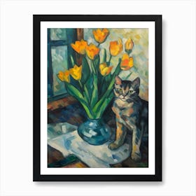 Flower Vase Daffodils With A Cat 3 Impressionism, Cezanne Style Art Print