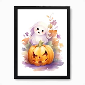 Cute Ghost With Pumpkins Halloween Watercolour 97 Art Print