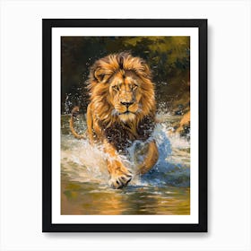 African Lion Crossing A River Acrylic Painting 1 Art Print