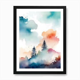 Watercolor Of Trees And Clouds Art Print