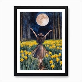 Moon Bathing - Pagan Witch Spring Goddess Worship Ostara Daffodil Woods Full Moon Forest - Original Fairytale Watercolour Artwork by Lyra the Lavender Witch - Cottagecore Witchcore Supermoon Magick Wheel of the Year Art Print