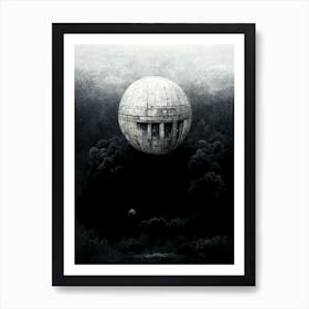 Round Spaceship Coming To Earth Black And White Art Print
