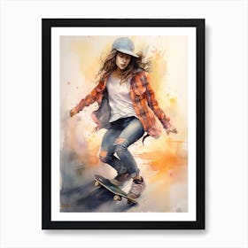 Girl Skateboarding In Melbourne, Australia Watercolour 4 Art Print