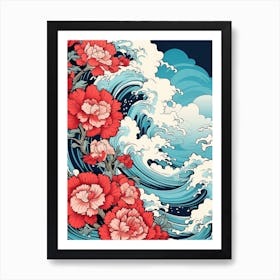 Great Wave With Carnation Flower Drawing In The Style Of Ukiyo E 1 Art Print