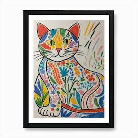 Cat With Flowers Style Henri Matisse 1 Art Print