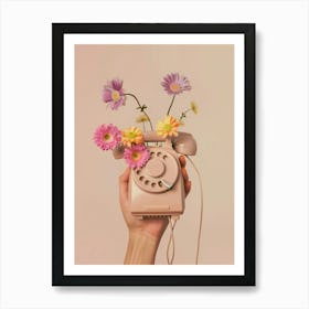 man holding an old Phone With Flowers Art Print