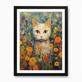 Flower Garden And A White Cat, Inspired By Klimt 2 Art Print