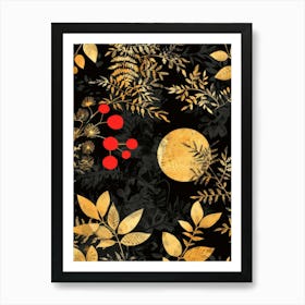 Gold Leaves On Black Background 7 Art Print