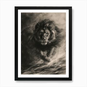 Barbary Lion Charcoal Drawing Hunting 4 Art Print