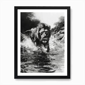 Barbary Lion Charcoal Drawing Crossing A River 3 Art Print