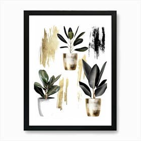 Gold And Black Potted Plants 1 Art Print