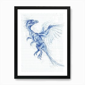 Microraptor Dinosaur Blue Print Sketch 2 Art Print