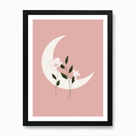 Pink Moon And Flowers Art Print
