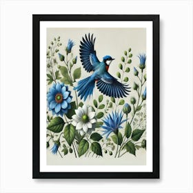 Blue Bird With Flowers Art Print