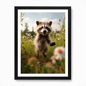 Cute Funny Cozumel Raccoon Running On A Field Wild 3 Art Print