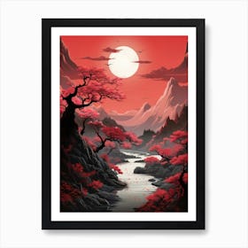 Red Japanese Asian River Landscape Art Print