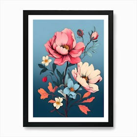 Flowers On A Blue Background 7 Art Print