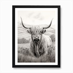 Black & White Illustration Of A Highland Cow Art Print