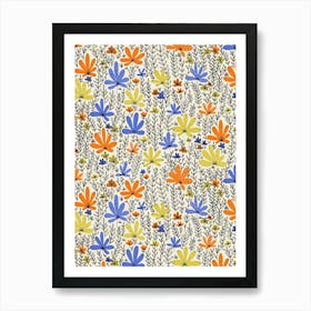 Blooming Flower Field Doodle Line Art Blue, Orange, Yellow on Cream White Art Print