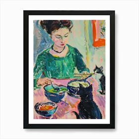 Portrait Of A Girl With Cats Eating Ramen 1 Art Print