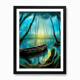 Swamp Bayou Rowboat Sunset Landscape Lake Water Moss Trees Logs Nature Scene Boat Twilight Quiet Peaceful Roots Abandoned Adventure Art Print