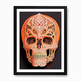 Skull With Intricate Linework Orange Line Drawing Art Print