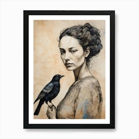 Woman Portrait With A Bird Painting (47) Art Print