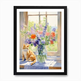 Cat With Snapdragon Flowers Watercolor Mothers Day Valentines 1 Art Print