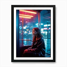 Pensive Woman Seated Inside A Wet Bus Shelter Evening Ambience Subtle Reflections On Glass Neon L Art Print