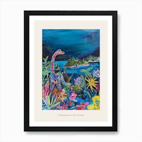 Dinosaur By The Ocean Colourful Painting Poster Art Print