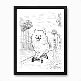 Pomeranian Dog Skateboarding Line Art 4 Art Print
